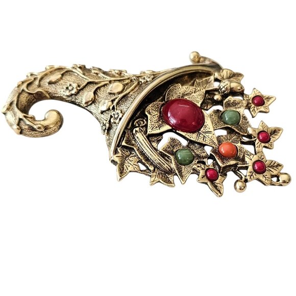 1928 Brand Autumn Leaves Fall Cornucopia Brooch Lucite Cabochon Pin, J38 - Picture 3 of 7